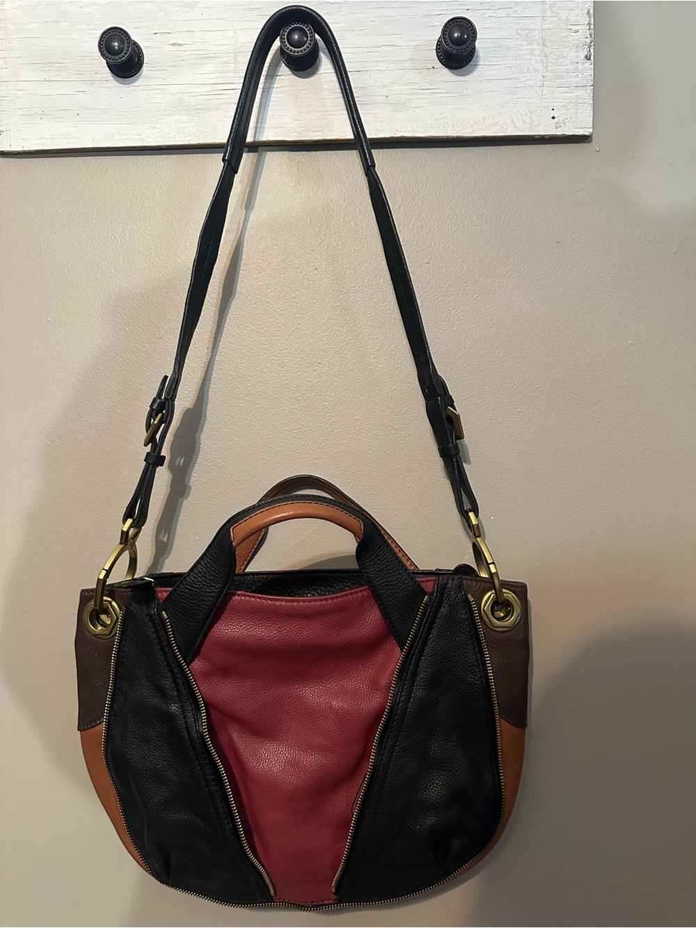 orYANY Women’s Colorblock Leather Shoulder Bag - Burgundy, Black & Tan